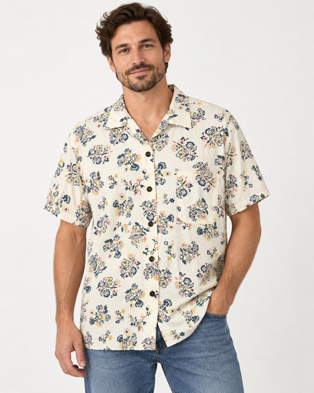 Vintage Esprit Sport Mens Large Floral Button Up Shirt 90s Short Sleeve